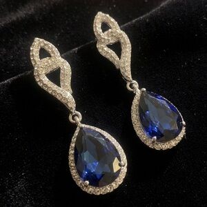 Silver-Tone w/Blue Sapphire Pear Drop Earrings